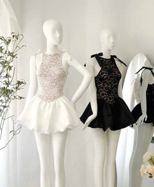 Women Lacey Sleeveless Flounce Mini Dresses